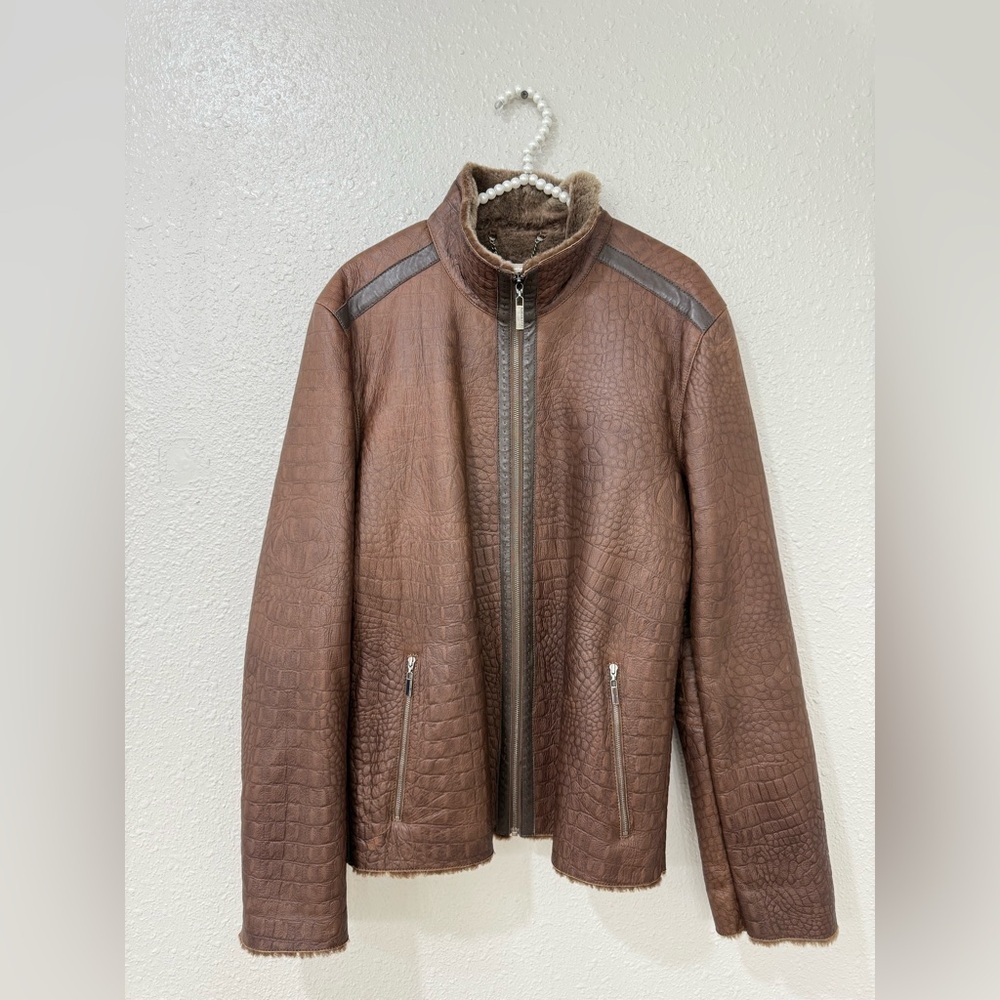 Gert Weber Real Shearling Leather Jacket Brown Croc Embossed Fur Lined Coat M-L